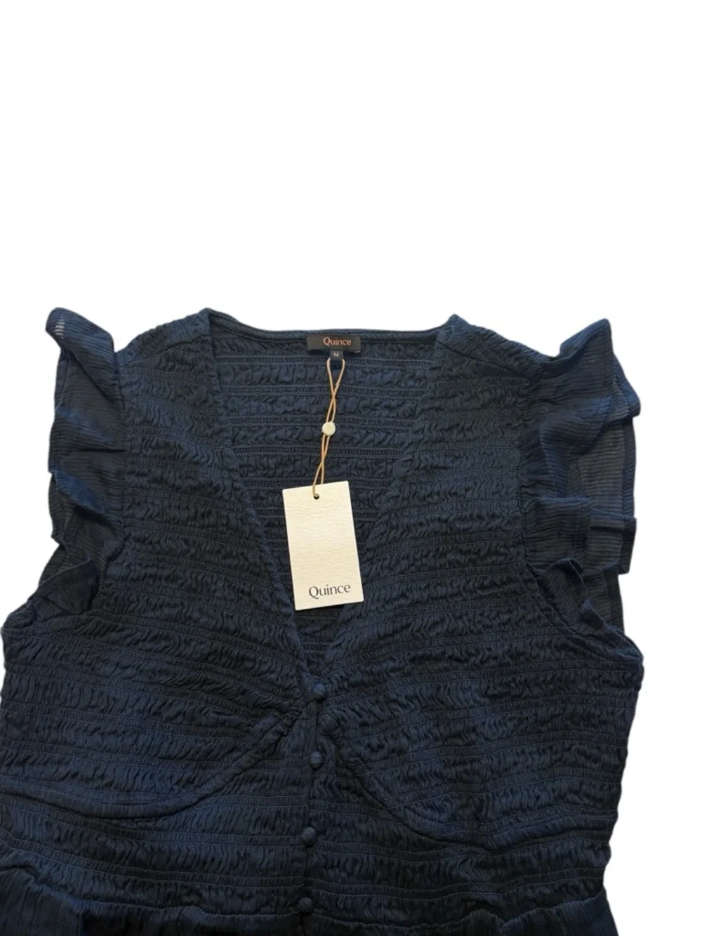 Quince Organic Textured Cotton Smocked V-Neck Midi Dress Size M Navy Wedding - Picture 4 of 10